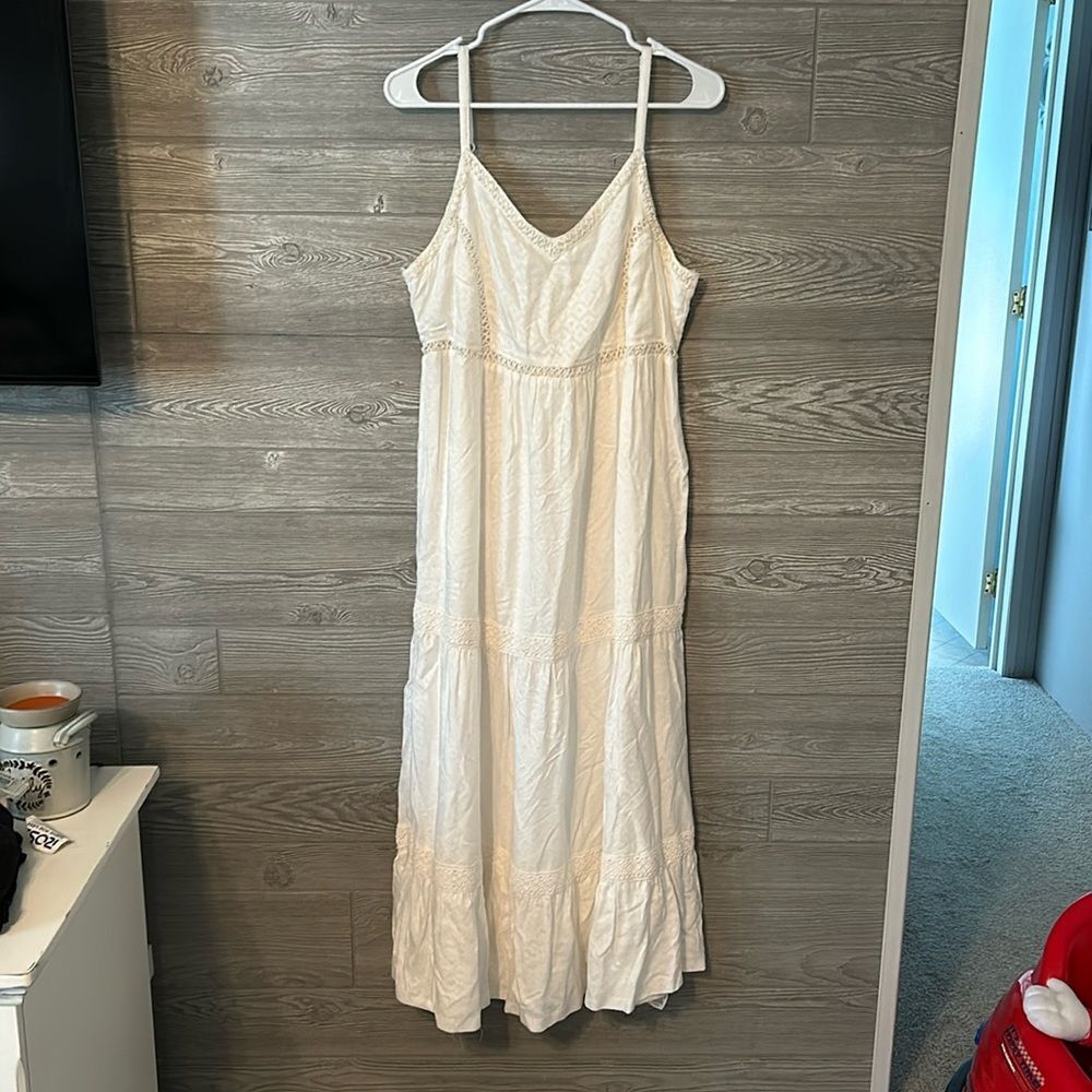Joie White Tiered Lace Trim Maxi Dress Spaghetti Strap Boho Festival Size L